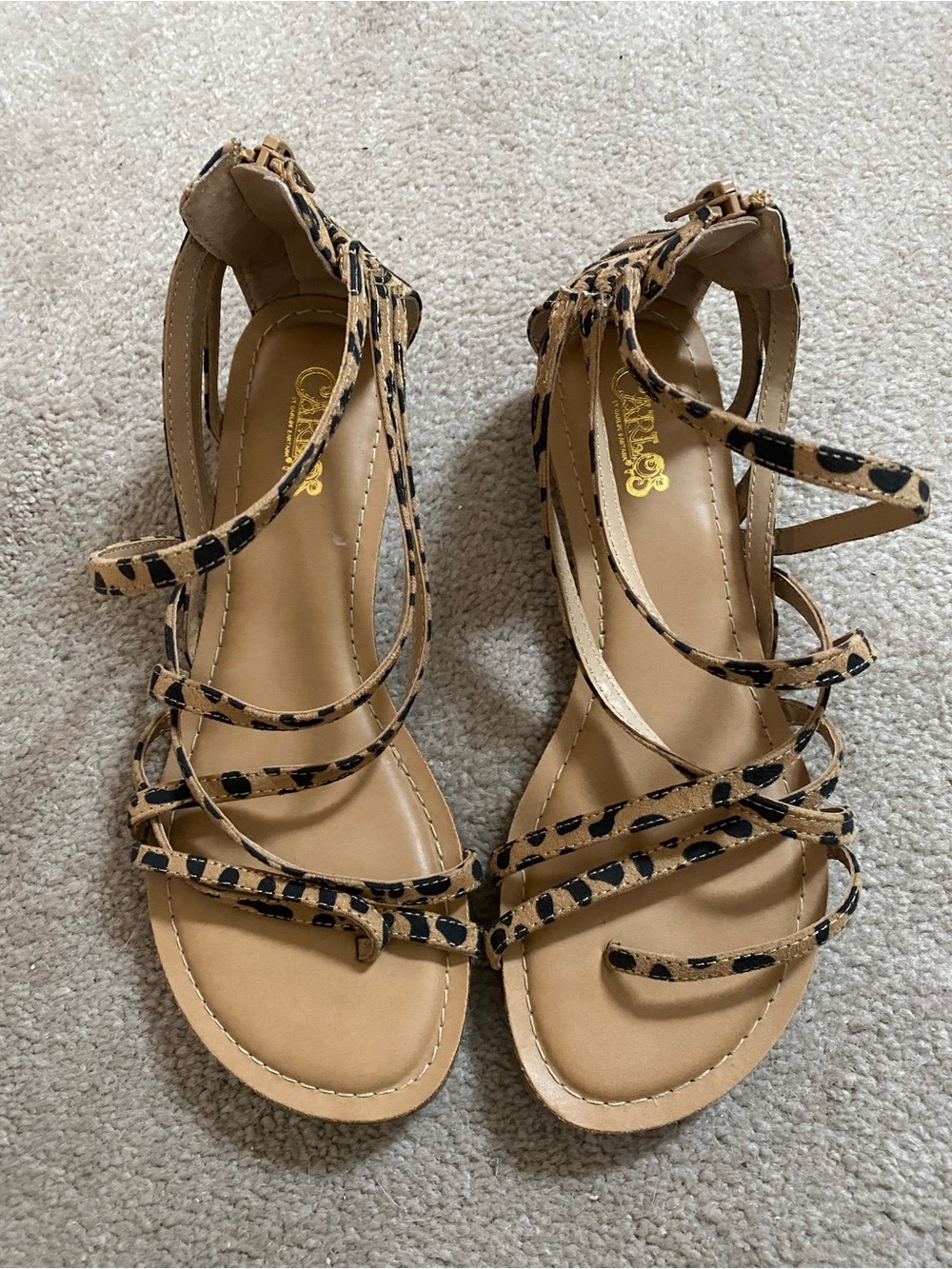 7/7.5 Carlos by Carlos Santana Leopard Strappy Flat Sandals - Tan/Black